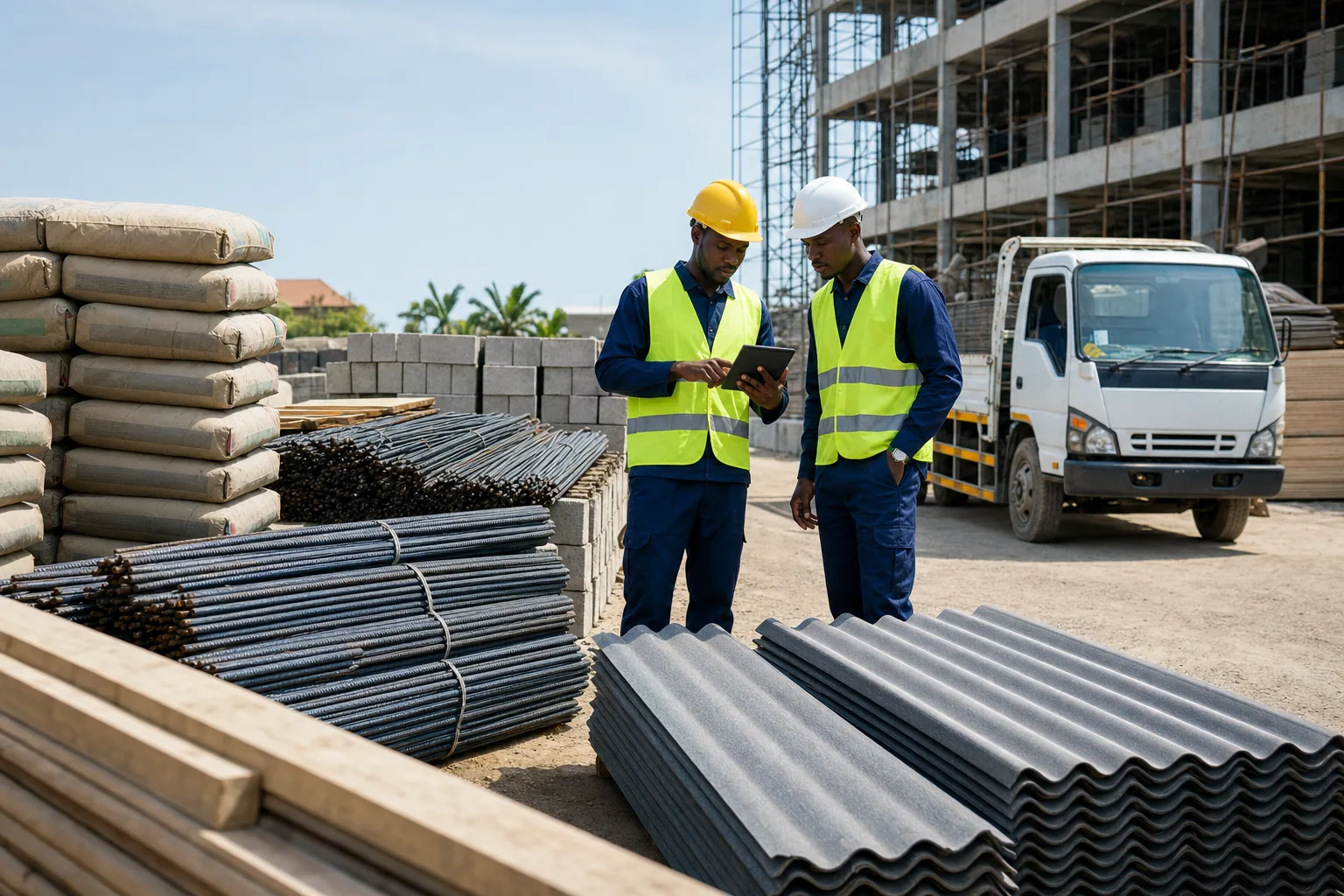 Construction professionals coordinating a building-material delivery