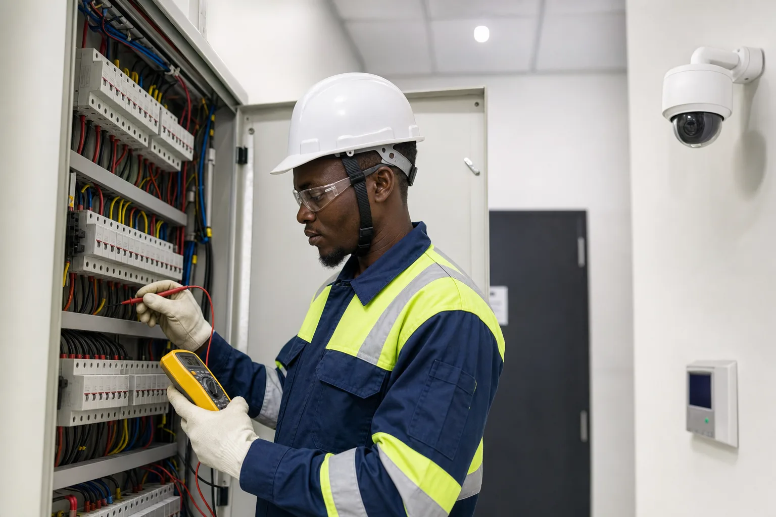 Technician inspecting an electrical panel and security system