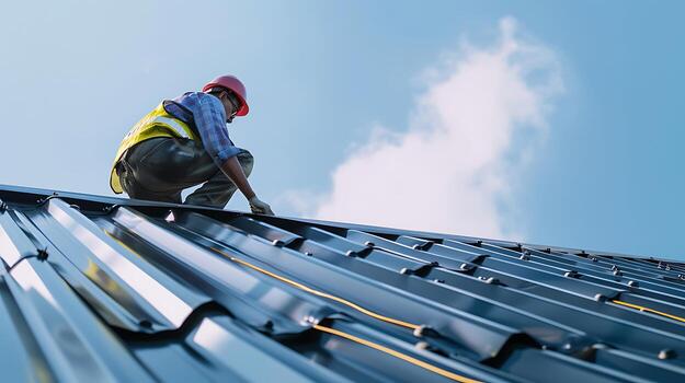 Roofer installing metal roofing sheets