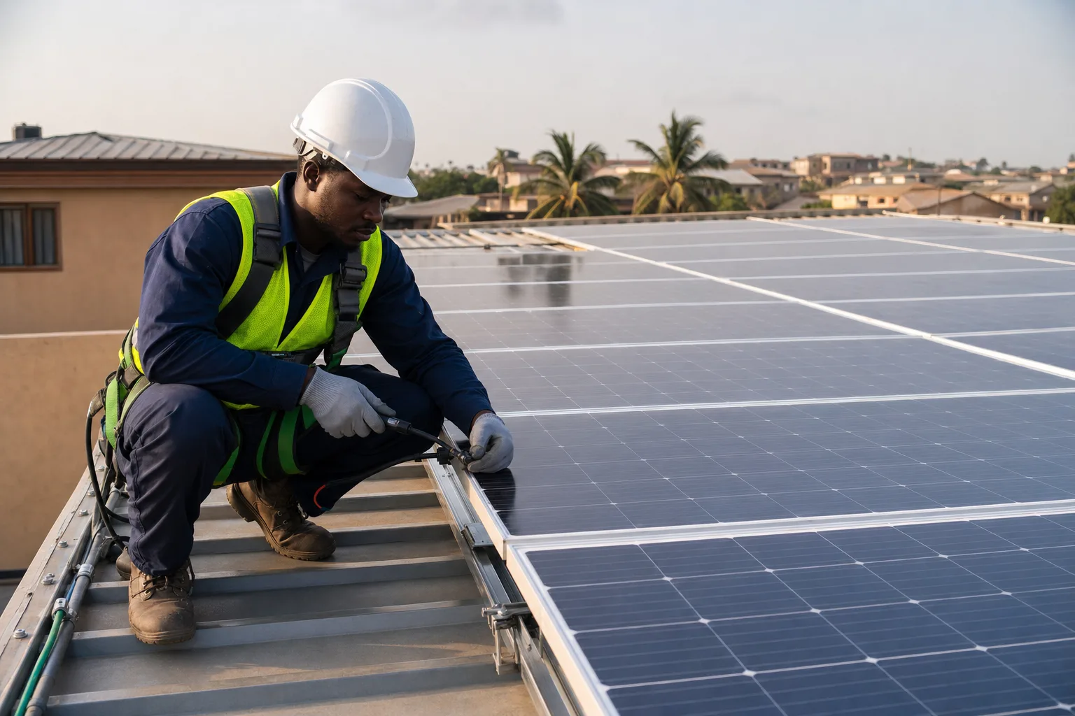 Technician installing rooftop solar panels